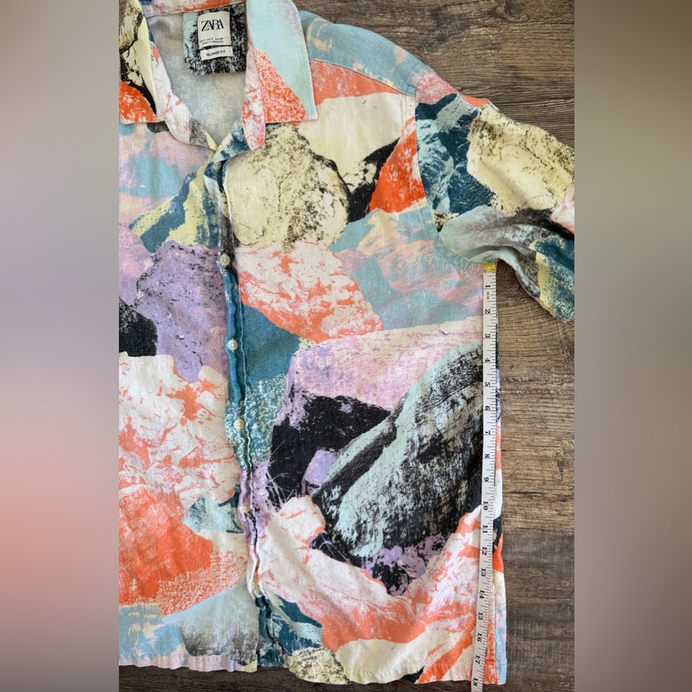 Zara Men’s Small Relaxed Fit Linen Blend Abstract colorful Resort Short Sleeve - Picture 5 of 8